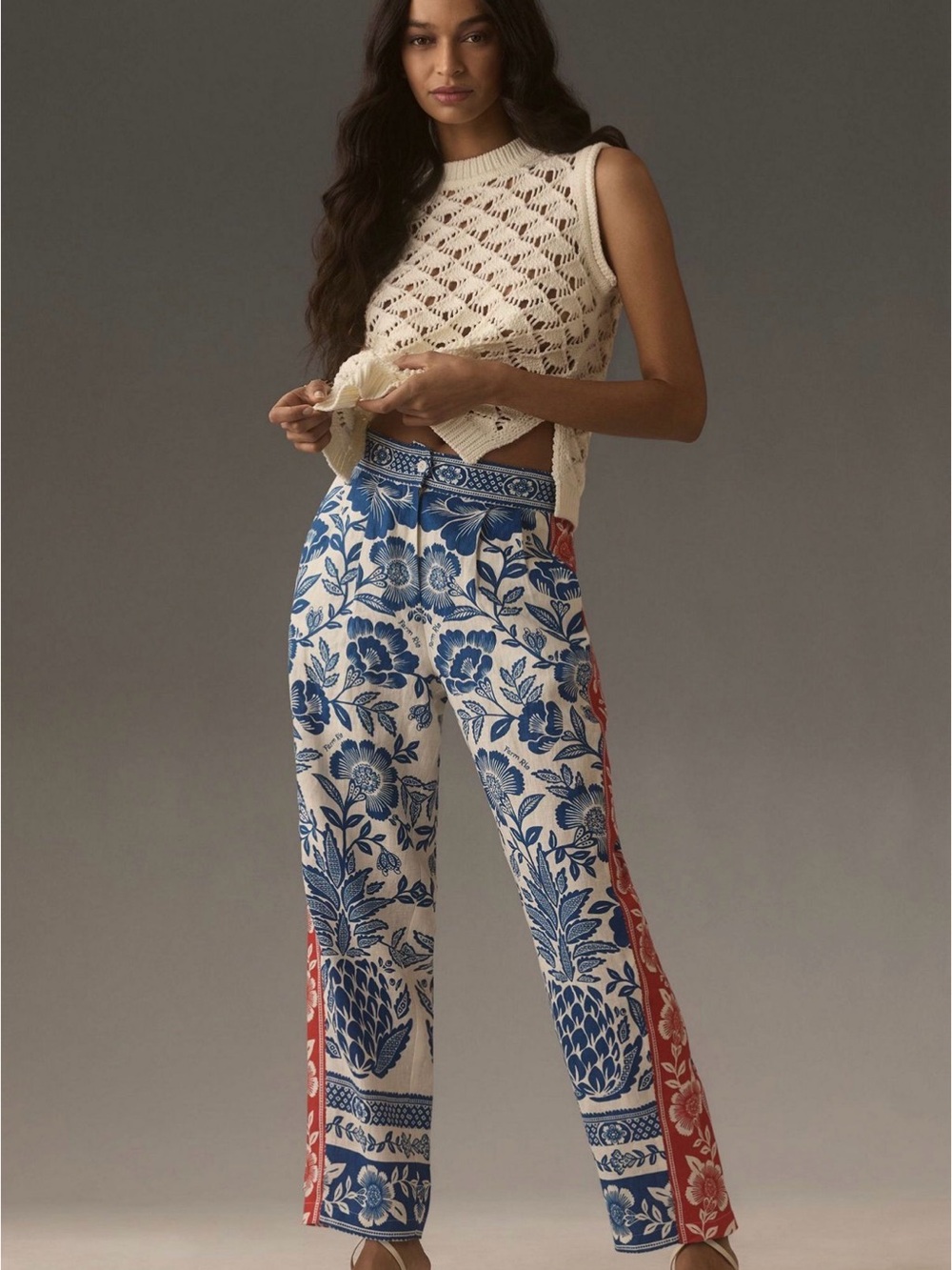 FARM Rio Floral Linen Cropped Blue Pants with Red Side Stripe